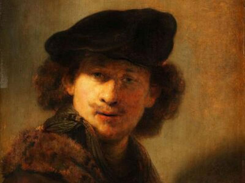 Rembrandt Harmensz van Rijn, Ausschnitt aus: Selbstbildnis mit Samtbarett und einem Mantel mit Pelzkragen, 1634, Öl auf Eichenholz, 58,4 x 47,7 cm © Staatliche Museen zu Berlin, Gemäldegalerie/Chri