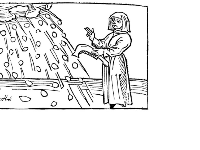Wetterzauber. Holzschnitt aus: Johann Vintler, Pluemen der Tugend, Augsburg 1486. Wetterzauber. Holzschnitt aus: Johann Vintler, Pluemen der Tugend, Augsburg 1486.