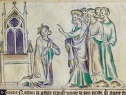 Der Prophet Natan tadelt König David; dieser sinkt vor der religiösen Autorität auf die Knie.**) 