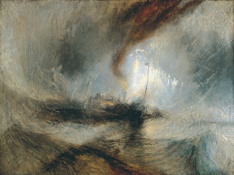 Joseph Mallord William Turner, Schneesturm - ein Dampfschiff im flachen Wasser vor einer Hafeneinfahrt gibt Leuchtsignale ab, 1842